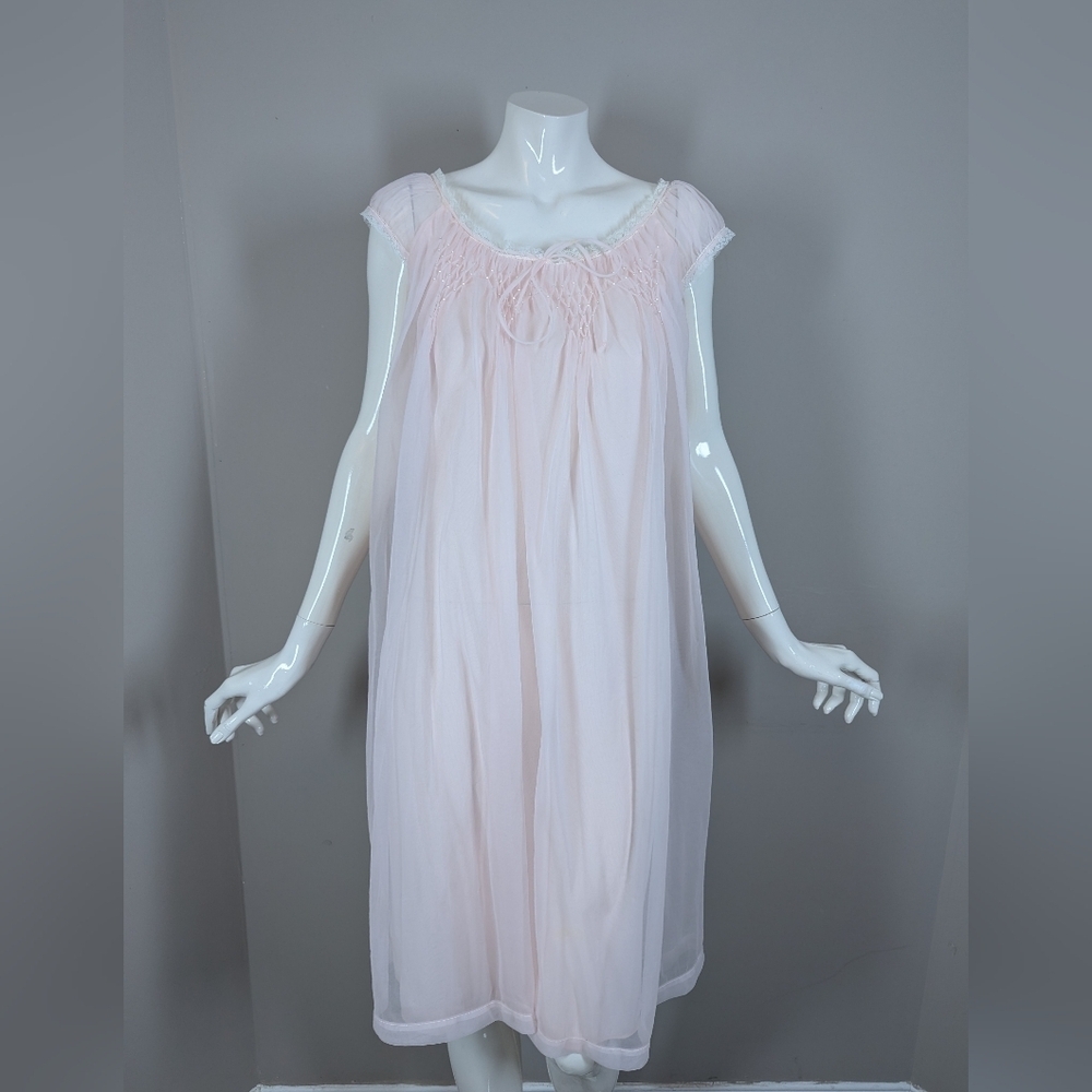Vintage 60s Pink Sheer Nightgown Beaded Bodice Boudoir Lingerie Small